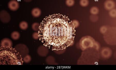 Gruppe von Viruszellen. Coronavirus Covid-19-Ausbruch, mikroskopische Viren schließen sich. 3D-Rendering Stockfoto