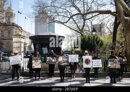 Die PETA-Aktivisten behaupten, COVID-19 habe auf einem lebenden Tiermarkt begonnen, und fordern, dass die Stadt den Betrieb von Schlachthöfen auf unbestimmte Zeit bei einer Kundgebung außerhalb der City Hall in New York City am 16. März 2020 unterbricht. Viele der in Wuhan, dem Epizentrum des Virus, erschickten, hatten einen lebenden Tiermarkt in Wuhan besucht; Behörden gaben an, dass es keine Beweise dafür gebe, dass sich das Virus von Mensch zu Mensch ausbreitet (Gabriele Holtermann-Gorden/Sipa USA) Kredit: SIPA USA/Alamy Live News Stockfoto