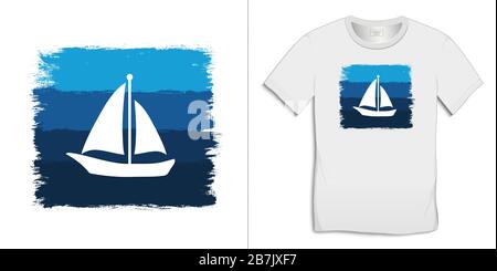 Druck auf T-Shirt Grafikdesign, Farbe blau und Segelboot, isoliert auf weißem Hintergrund Vektor Stock Vektor