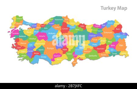 Türkeikarte, administrative Aufteilung, separate einzelne Regionen mit Namen, Farbkarte isoliert auf weißem Hintergrundvektor Stock Vektor