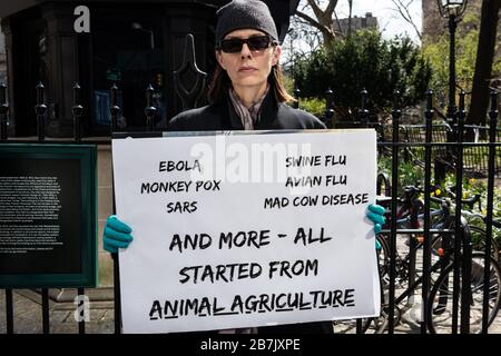 Die PETA-Aktivisten behaupten, COVID-19 habe auf einem lebenden Tiermarkt begonnen, und fordern, dass die Stadt den Betrieb von Schlachthöfen auf unbestimmte Zeit bei einer Kundgebung außerhalb der City Hall in New York City am 16. März 2020 unterbricht. Viele der in Wuhan, dem Epizentrum des Virus, erschickten, hatten einen lebenden Tiermarkt in Wuhan besucht; Behörden gaben an, dass es keine Beweise dafür gebe, dass sich das Virus von Mensch zu Mensch ausbreitet (Gabriele Holtermann-Gorden/Sipa USA) Kredit: SIPA USA/Alamy Live News Stockfoto