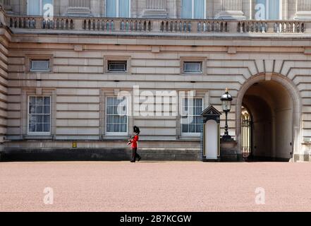 London, Großbritannien - 12. Mai 2019: Sentry of the Grenadier Guards an einem sonnigen Tag vor dem Buckingham Palace postiert Stockfoto