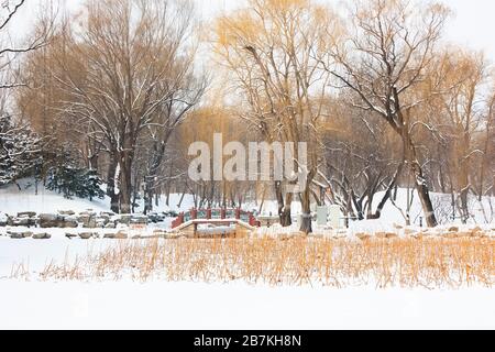 Der Schnee bedeckt Architekturen, Wälder und Straßen im alten Sommerpalast, der auf Chinesisch als Yuanming Yuan bekannt ist und eine malerische weiße Welt bildet, Beijin Stockfoto