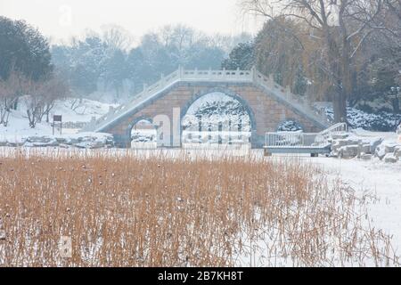 Der Schnee bedeckt Architekturen, Wälder und Straßen im alten Sommerpalast, der auf Chinesisch als Yuanming Yuan bekannt ist und eine malerische weiße Welt bildet, Beijin Stockfoto