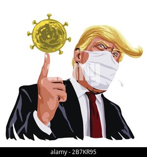 Donald Trump trägt Maske Anti Corona Virus Covid 19 auf Gesicht Cartoon Vector Illustration Zeichnung. März 2020 Stock Vektor