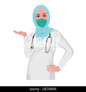 Schöne muslimische Ärztin Nurse trägt Hijab und Maske Anti Coronavirus Covid 19. Vektorgrafiken Mit Flachem Design Stock Vektor