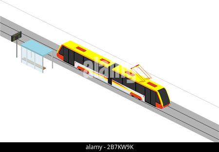 Die Bewegung einer modernen Straßenbahn. Stopp- und Routenplan. Darstellung des Isometrievektors auf weißem Hintergrund. Stock Vektor