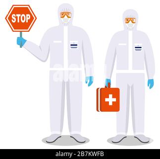 Medizinisches Konzept. Ärztepaar Mann und Frau stehen in Schutzanzügen und Masken zusammen. Virus, Infektion, Epidemie, Quarantäne. Gefährlich Stock Vektor