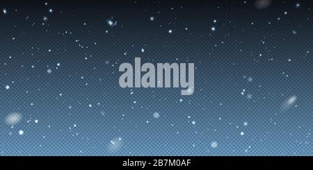 Sinkende winterweihnachtszeit realistischer Schnee auf transparentem Hintergrund. Bokeh-Lichter und fliegende Schneeflocken in der Luft. Überlagern Sie die Textur des Winterschneesturms Stock Vektor