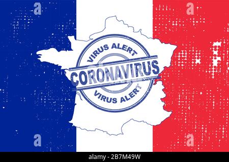 Coronavirus Warnstempel Framce. Covic-19-Alarm in Frankreich. Vektorgrafiken mit französischem Flaggenhintergrund. EPS 10 Stock Vektor