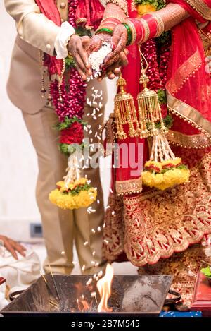 Wunderschönes Foto des indianischen Paares in ethnischer Kleidung, das an der traditionellen Hindu-Hochzeitsfeier teilnimmt. Die Frau trägt rote Lehenga mit bunten Bangen. Stockfoto