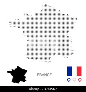 Gepunktete Vektorkarte von Frankreich. Runde graue Flecken. Karte Frankreich mit Nationalflaggen und Kartensymbolen. Schwarze Silhouette Stock Vektor