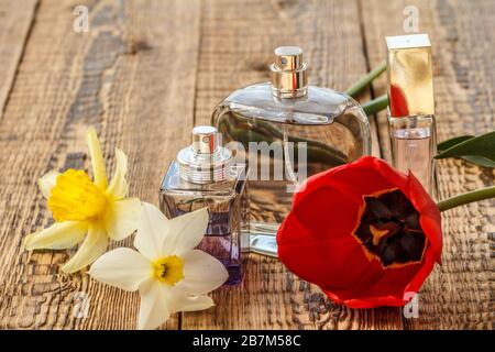 Flaschen Parfüm auf alten Holzbrettern mit Blumenstrauß aus rotem Tulpen und gelben Narben. Stockfoto