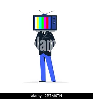 Abstrakter Cartoon männliche Person im Anzug mit tv-Kopf isoliert auf weißem Hintergrund Stock Vektor