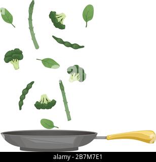 Grünes Gemüse wird in einer Pfanne gebraten. Brokkoli, Spinat, Spargel, grüne Bohnen. Flache Vektorgrafiken. Stock Vektor