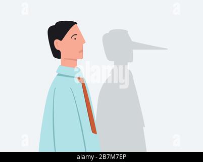 Cartoon Geschäftsmann mit Schatten der langen Lüge Nase Vektor flache Illustration Stock Vektor