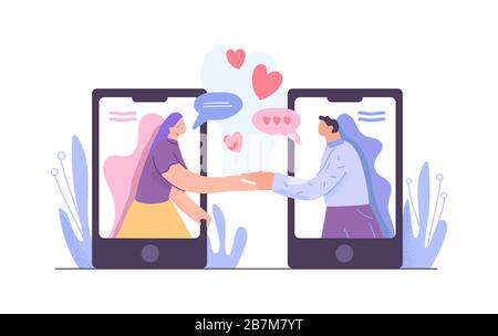 Cartoon-Mann und Frau halten Hände Treffen bei datierend App Vektor flache Abbildung Stock Vektor