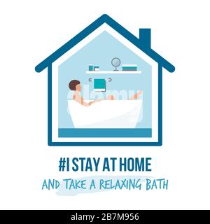 Ich bleibe zu Hause Bewusstsein soziale Medien Kampagne und Coronavirus Prävention: Frau nimmt ein entspannendes Bad Stock Vektor