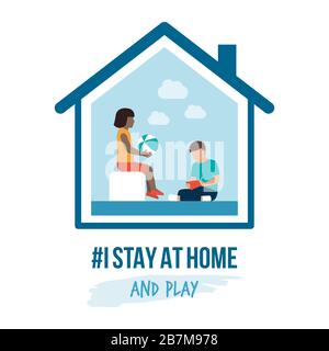 Ich bleibe zu Hause Bewusstsein Social Media Kampagne und Coronavirus Prävention: Kinder spielen zusammen Stock Vektor