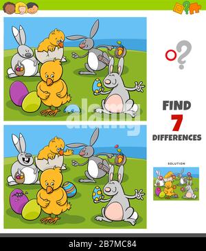 Cartoon-Illustration des Auffindens von Unterschieden zwischen Bildern Bildspiel für Kinder mit Osterhasen und Chicks Figuren Stock Vektor