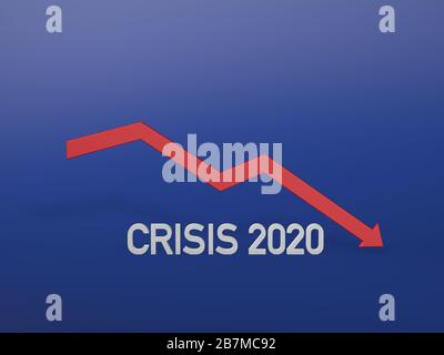 3D Rendering of Crisis 2020 Concept with Red abnehmender Pfeil Stockfoto