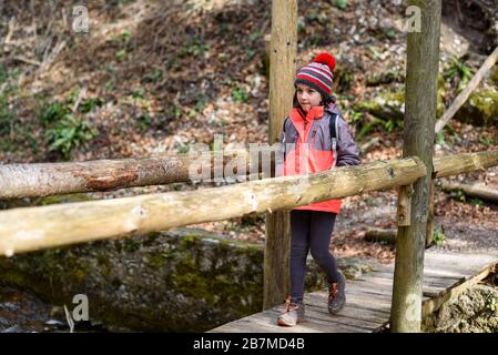 Kinder, die auf Familienausflug in die Berge oder in den Wald wandern. Aktive Familie, Eltern und Kinder Bergsteigen in der Natur. Kinder gehen im Wald Stockfoto