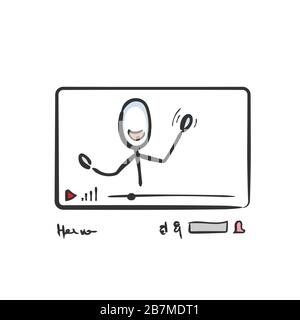Social Media-Videoblogger. Video-Tutorial. Hand gezogen. Stickiger Zeichentrickfilm. Doodle Sketch, Vector Graphic Illustration Video Blogging Stock Vektor