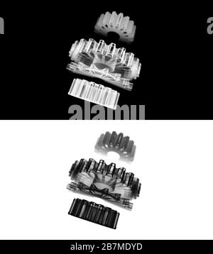 3D Rendering Umriss Set von Gear, Drahtmodell einer Gruppe von Gear, für Maschinenbau Konzept, Engineering Teamwork und Corporate Metapher, Business Stockfoto