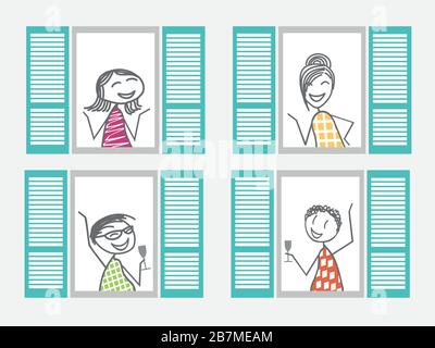 Menschen, die sich aufgrund einer Pandemie vorsorglich auf ihre Quarantäne in ihrem Haus eingesperrt haben Stock Vektor