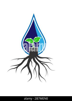 Tropfen und ein grüner Zweig mit Blättern wächst aus der Wurzel. Symbol für Farbvektor. Vektor-Darstellung des Lagerbestands. Einfaches Design für Aufkleber, Aufkleber, Logos, Webs Stock Vektor