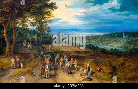 Landschaft mit Reisenden und Bauern auf einer Strecke, Jan Brueghel der ältere, 1610, Stockfoto