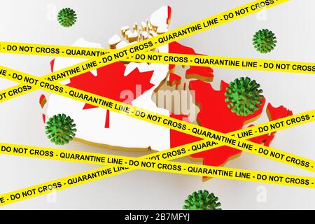 Coronavirus-Ausbruch und Coronaviren Influenza 2019-ncov auf schwenkbare Nationalflaggen Kanadas. Äußerst detailgetreue 3D-Nahrender. Stockfoto