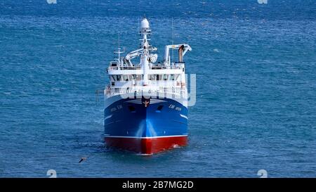 Tiefsee-Trawler, der in den Hafen von Skagen in Dänemark zurückkehrt. Stockfoto