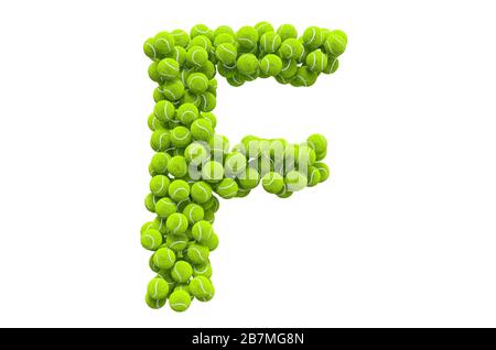 Buchstabe F von Tennisbällen, 3D-Rendering isoliert auf weißem Hintergrund Stockfoto