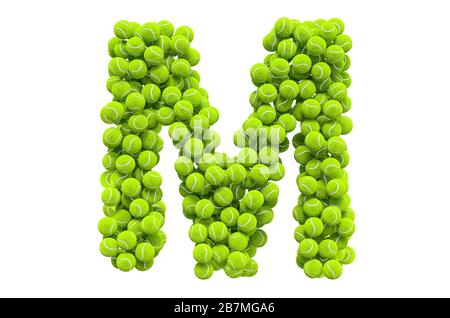 Buchstabe M von Tennisbällen, 3D-Rendering isoliert auf weißem Hintergrund Stockfoto