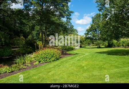 Ein sonniger Sommerblick auf die Rasenflächen und grenzt an den RHS Harlow Carr Garten in der Nähe von Harrogate, North Yorkshire Stockfoto