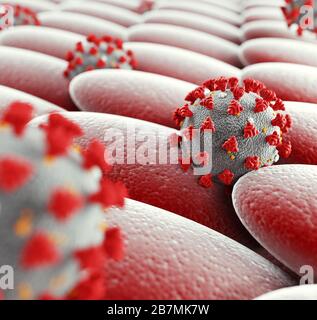 Mikroskopische Ansicht des Coronavirus. Atemsystem. Schwimmende Grippeviruszellen. Pandemie-Risiko-Konzept. 3D-Rendering Stockfoto