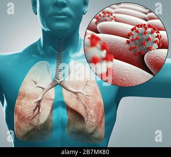 Mikroskopische Ansicht des Coronavirus. Atemsystem. Schwimmende Grippeviruszellen. Pandemie-Risiko-Konzept. 3D-Rendering Stockfoto
