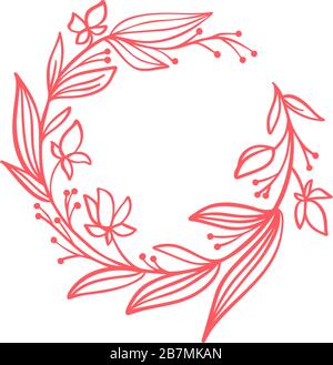 Handgezeichneter Blumenkranz mit Zweigen. Federelement mit Vektor-Blumendesign für Einladungen, Grußkarten, Scrapbooking, Poster mit Platz Stock Vektor