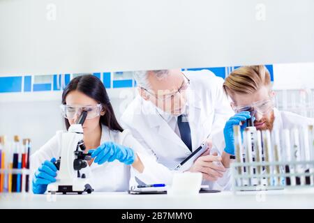 Teamwork-Konzept. Professor überprüft und steuert die Gruppenarbeit zweier Laborinterns. Alle drei konzentrieren sich auf das Experimentieren und tragen von Labcoats Stockfoto