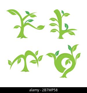 Satz von Schriftartvektor für Naturelemente der Buchstabenökologie. Beschriftung Symbol Vektor Logo Design Stock Vektor