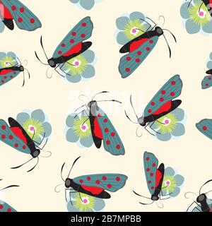 6-punkt-burnett Schmetterling nahtloser Vektor-Muster Hintergrund. Tag fliegende Motte auf Blumenillustration. Schottische Küsteninsektenkulisse. Alles im Druck Stock Vektor