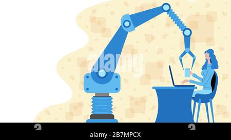 Business Woman, die mit einem Roboterarmsymbol für die Automatisierung arbeitet. Alle Objekte, Schatten und Hintergrund befinden sich in verschiedenen Ebenen. Stock Vektor