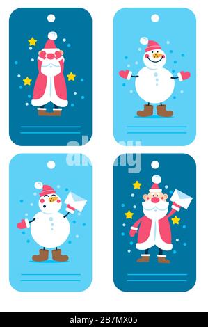 Vector Weihnachten und Neujahr Tags mit Cartoon-Figuren Santa und Snow man Stock Vektor