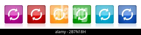 Symbolsatz neu laden, farbenfrohe, quadratische, glänzende Vektorgrafiken in 6 Optionen für Webdesign und mobile Anwendungen Stock Vektor