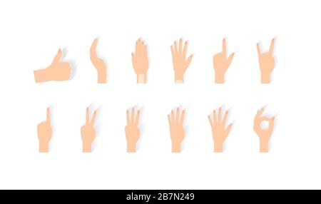 Satz naturalistischer Handsilhouetten, die die Zahlen 0, 1, 2, 3, 4, 5 mit Flexion der Finger zeigen. Vektor Illustraion Stock Vektor