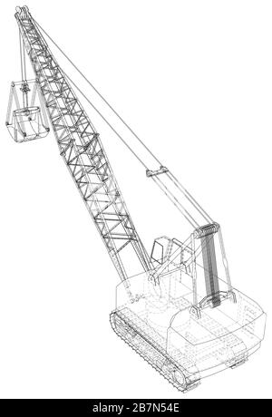 Dragline-Bagger. Die Ebenen der sichtbaren und unsichtbaren Linien werden getrennt. Die Ebenen der sichtbaren und unsichtbaren Linien werden getrennt. Außenrahmen für Drahtrahmen Stock Vektor