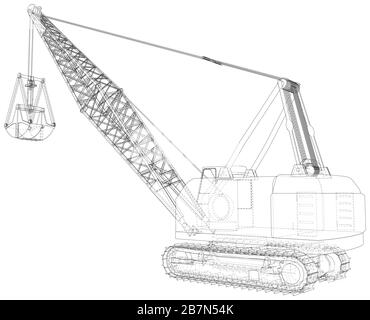 Wanderdragline, Mobile Baggermaschine für den offenen Bergbau. Die Ebenen der sichtbaren und unsichtbaren Linien werden getrennt. Drahtrahmen. Stock Vektor