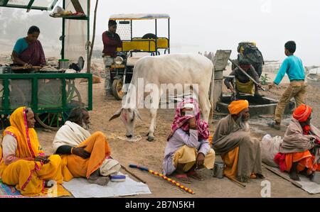 Gruppe Hindu-Leute, einige Bettler, die Almosen suchen, Frauen, die Tee verkaufen, heilige Kuh und andere in der Nähe des Flusses Yamuna in Vrindavan, Indien. Stockfoto