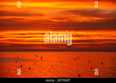 Goldener rot-orangefarbener Sonnenaufgang in Marsascala, Malta.St Thomas Bay, Marsaskala, Malta.Natural Sunset Sunrise over the Sea or Ocean.Bright Dramatic Sky and nic Stockfoto